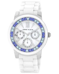 Anne Klein Crystal Bezel Multifunction Ceramic Bracelet Watch 34mm