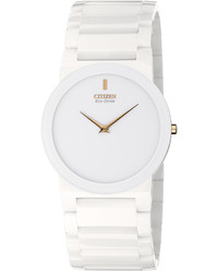 Citizen Unisex Eco Drive Stiletto Blade White Ceramic Bracelet Watch 39mm Ar3050 52b