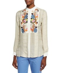 Etro Floral Embroidered Check Blouse Ivory