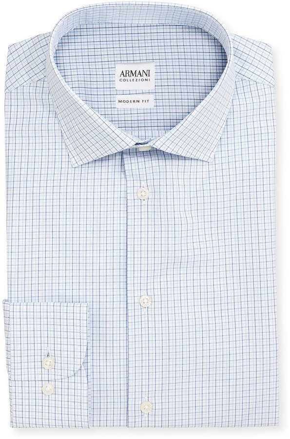 Armani Collezioni Modern Fit Shadow Check Dress Shirt Whiteblue