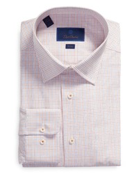 David Donahue Trim Fit Microcheck Dress Shirt In Whitemelonblue At Nordstrom