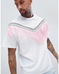 ASOS DESIGN Festival Oversized Longline T Shirt With Chevron Aztec Taping And Fringing In White