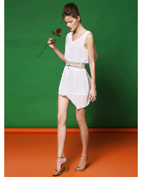 Choies White Asymetric Hem Chiffon Dress With Belt