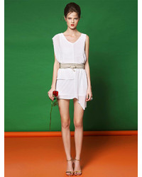 Choies White Asymetric Hem Chiffon Dress With Belt