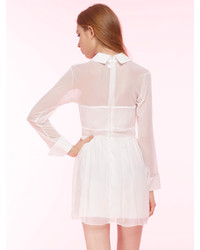 Choies White Mesh Panel Skater Dress With Pearl Collar