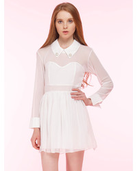 Choies White Mesh Panel Skater Dress With Pearl Collar