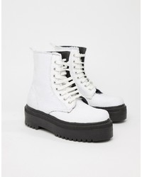 White Chunky Leather Lace-up Flat Boots