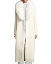 Sofia Cashmere Long Fox Trim Belted Felt Coat White