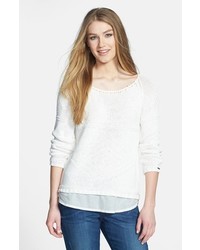 Dex Back Zip Patterned Sweater With Woven Contrast White Large