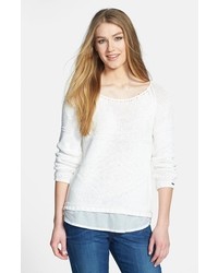 Dex Back Zip Patterned Sweater With Woven Contrast White Small