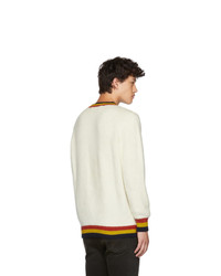 The Elder Statesman White Shag Three Stripe Crewneck Sweater