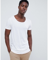 ASOS DESIGN Longline T Shirt With Raw Scoop Neck And Curve Hem In Linen Mix In White