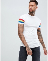 ASOS DESIGN Muscle Fit T Shirt With Curved Hem And Bright Sleeve Stripe