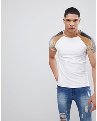 ASOS DESIGN Muscle Fit T Shirt With Velour Panel Raglan Sleeves In White