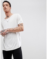 ASOS DESIGN Relaxed Longline T Shirt With Raw Scoop Neck And Curve Hem In Linen Mix In Ecru