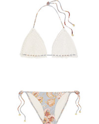 Zimmermann Pavilion Crocheted Cotton And Floral Print Bikini Off White
