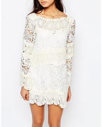 White Sand Crochet Lace Mini Swing Dress With Open Back