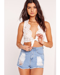 Missguided Broderie Anglais Tie Front Crop Top White