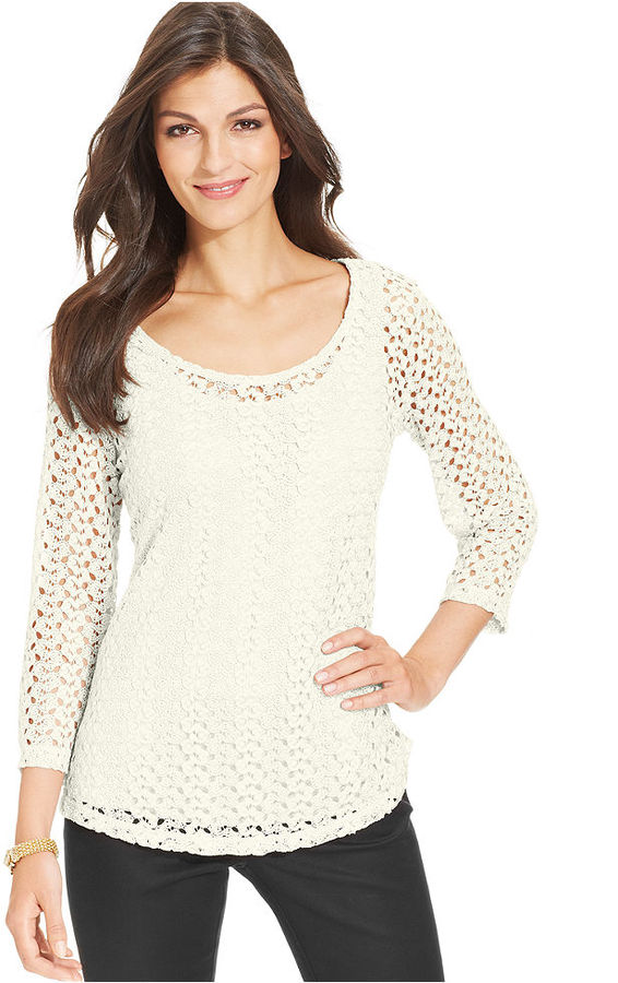JM Collection Petite Three Quarter Sleeve Crochet Top | Where to buy ...