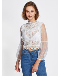 Shein Lace Crochet Mesh Contrast See Through Blouse