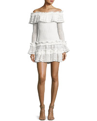 JONATHAN SIMKHAI Crocheted Ruffle Off The Shoulder Mini Dress White