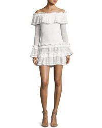 JONATHAN SIMKHAI Crocheted Ruffle Off The Shoulder Mini Dress White