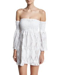 Milly Floral Crochet Off The Shoulder Smocked Coverup Mini Dress White