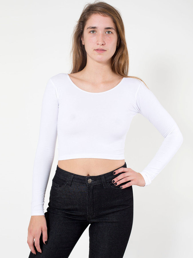 Small White American Apparel Womens Cotton Spandex Jersey Long Sleeve Crop Top