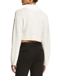 DKNY Long Sleeve Cropped Wool Blend Sweater White