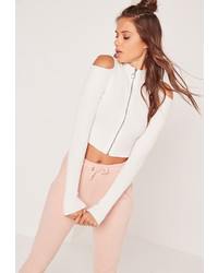 Missguided Zip Through Cold Shoulder Crop Sweater White