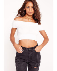 Missguided Bardot Basic Ribbed Crop Top White