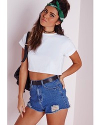 Missguided Roll Sleeve Cotton Crop Top White