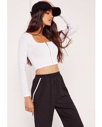 Missguided Square Neck Ribbed Zip Front Crop Top White