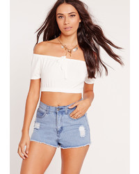 Missguided Tie Front Jersey Bardot Crop Top White