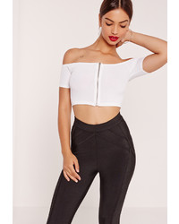 Missguided Zip Front Ribbed Bardot Crop Top White