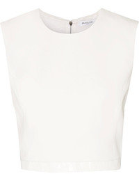 Thierry Mugler Mugler Cropped Croc Effect Leather Trimmed Crepe Top White