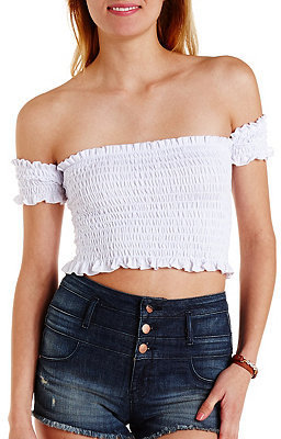 white shirred off the shoulder top