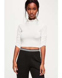 Missguided White Gathered Sleeve High Neck Crop Top