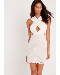 Missguided Premium Cross Front Lace Bodycon Dress White