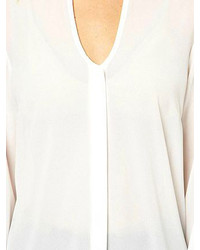 Choies White High Neck Chiffon Blouse With Puff Sleeves