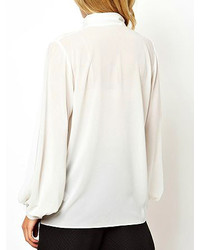 Choies White High Neck Chiffon Blouse With Puff Sleeves