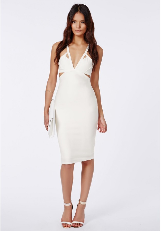 Missguided Plunge Neck Cut Out Midi Dress In White, $66 | Missguided ...