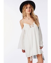 Missguided Cheesecloth Cold Shoulder Crochet Swing Dress White