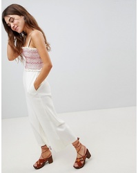 ASOS DESIGN Denim Strappy Jumpsuit With Shirring In Off White With Red Stitch