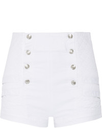 PIERRE BALMAIN Button Detailed Quilted Stretch Denim Shorts White