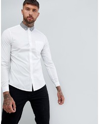 ASOS DESIGN Stretch Slim Smart Work Shirt With Contrast Check Collar In White