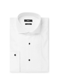 Hugo Boss White Slim Fit Cutaway Collar Pleated Bib Front Cotton Tuxedo Shirt