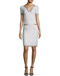 St. John Collection Kira Tweed V Neck Short Sleeve Dress White Pattern