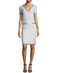 St. John Collection Kira Tweed V Neck Short Sleeve Dress White Pattern
