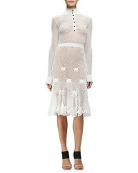 Derek Lam Long Sleeve Button Front Crochet Dress White